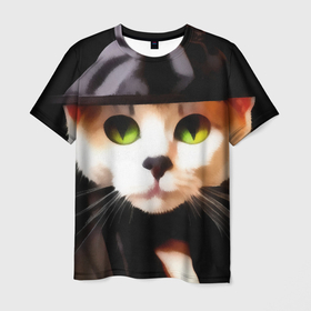 Мужская футболка 3D с принтом Белая кошка с зелеными глазами в черной шляпе ведьмы , 100% полиэфир | прямой крой, круглый вырез горловины, длина до линии бедер | 