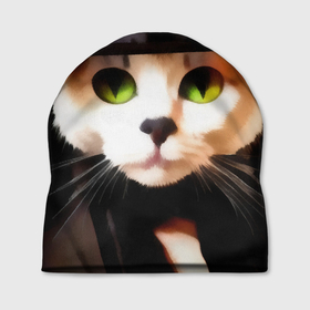 Шапка 3D с принтом Белая кошка с зелеными глазами в черной шляпе ведьмы в Белгороде, 100% полиэстер | универсальный размер, печать по всей поверхности изделия | 