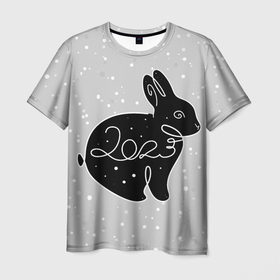Мужская футболка 3D с принтом Черный кролик в снегопад , 100% полиэфир | прямой крой, круглый вырез горловины, длина до линии бедер | 