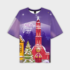 Мужская футболка OVERSIZE 3D с принтом Рождественская церковь   новый год ,  |  | 