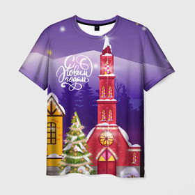 Мужская футболка 3D с принтом Рождественская церковь   новый год , 100% полиэфир | прямой крой, круглый вырез горловины, длина до линии бедер | 