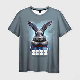 Мужская футболка 3D с принтом Новый год Кролика   2023 в Кировске, 100% полиэфир | прямой крой, круглый вырез горловины, длина до линии бедер | 