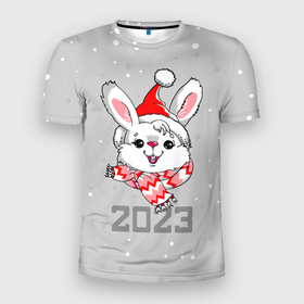 Мужская футболка 3D Slim с принтом Белый кролик в шарфе 2023 в Екатеринбурге, 100% полиэстер с улучшенными характеристиками | приталенный силуэт, круглая горловина, широкие плечи, сужается к линии бедра | 
