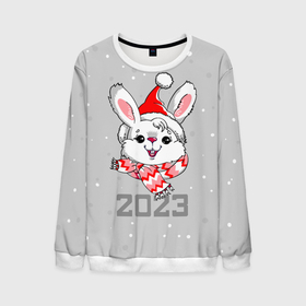 Мужской свитшот 3D с принтом Белый кролик в шарфе 2023 в Белгороде, 100% полиэстер с мягким внутренним слоем | круглый вырез горловины, мягкая резинка на манжетах и поясе, свободная посадка по фигуре | Тематика изображения на принте: 