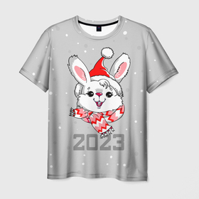 Мужская футболка 3D с принтом Белый кролик в шарфе 2023 в Екатеринбурге, 100% полиэфир | прямой крой, круглый вырез горловины, длина до линии бедер | 
