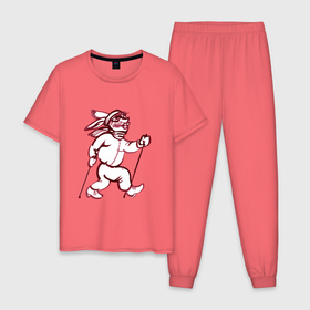 Мужская пижама хлопок с принтом Фитнес зайка скандинавская ходьба в Санкт-Петербурге, 100% хлопок | брюки и футболка прямого кроя, без карманов, на брюках мягкая резинка на поясе и по низу штанин
 | 