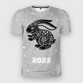 Мужская футболка 3D Slim с принтом Символ 2023 года черный водяной кролик в Белгороде, 100% полиэстер с улучшенными характеристиками | приталенный силуэт, круглая горловина, широкие плечи, сужается к линии бедра | Тематика изображения на принте: 