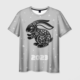 Мужская футболка 3D с принтом Символ 2023 года черный водяной кролик в Кировске, 100% полиэфир | прямой крой, круглый вырез горловины, длина до линии бедер | 
