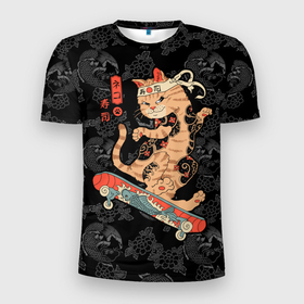 Мужская футболка 3D Slim с принтом Кот самурай на скейтборде в Кировске, 100% полиэстер с улучшенными характеристиками | приталенный силуэт, круглая горловина, широкие плечи, сужается к линии бедра | 