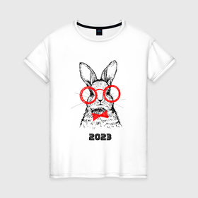 Женская футболка хлопок с принтом Кролик в очках и галстуке в Белгороде, 100% хлопок | прямой крой, круглый вырез горловины, длина до линии бедер, слегка спущенное плечо | 