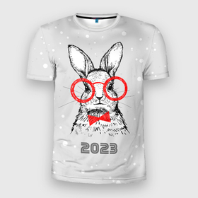 Мужская футболка 3D Slim с принтом Снегопад и кролик 2023 в Кировске, 100% полиэстер с улучшенными характеристиками | приталенный силуэт, круглая горловина, широкие плечи, сужается к линии бедра | 