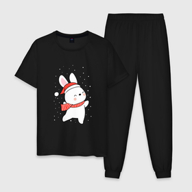 Мужская пижама хлопок с принтом Кролик в шапке и шарфе арт в Екатеринбурге, 100% хлопок | брюки и футболка прямого кроя, без карманов, на брюках мягкая резинка на поясе и по низу штанин
 | 