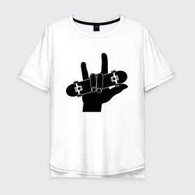 Мужская футболка хлопок Oversize с принтом Скейтбординг   жест рукой в Кировске, 100% хлопок | свободный крой, круглый ворот, “спинка” длиннее передней части | 