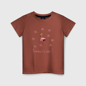 Детская футболка хлопок с принтом Розовый фламинго и розовые снежинки: скоро лето в Петрозаводске, 100% хлопок | круглый вырез горловины, полуприлегающий силуэт, длина до линии бедер | Тематика изображения на принте: 