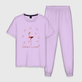 Мужская пижама хлопок с принтом Розовый фламинго и розовые снежинки: скоро лето в Екатеринбурге, 100% хлопок | брюки и футболка прямого кроя, без карманов, на брюках мягкая резинка на поясе и по низу штанин
 | 