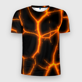 Мужская футболка 3D Slim с принтом Оранжевые неоновые трещины в Петрозаводске, 100% полиэстер с улучшенными характеристиками | приталенный силуэт, круглая горловина, широкие плечи, сужается к линии бедра | 