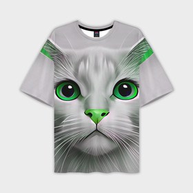 Мужская футболка oversize 3D с принтом Серый кот с зелёным носом   текстура в Курске,  |  | Тематика изображения на принте: 