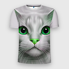 Мужская футболка 3D Slim с принтом Серый кот с зелёным носом   текстура в Курске, 100% полиэстер с улучшенными характеристиками | приталенный силуэт, круглая горловина, широкие плечи, сужается к линии бедра | Тематика изображения на принте: 