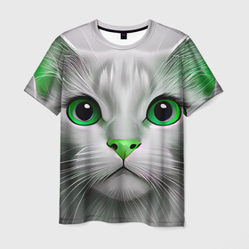 Мужская футболка 3D с принтом Серый кот с зелёным носом   текстура в Курске, 100% полиэфир | прямой крой, круглый вырез горловины, длина до линии бедер | Тематика изображения на принте: 