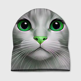 Шапка 3D с принтом Серый кот с зелёным носом   текстура в Курске, 100% полиэстер | универсальный размер, печать по всей поверхности изделия | 