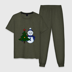 Мужская пижама хлопок с принтом Снеговик и новогодняя елка в Тюмени, 100% хлопок | брюки и футболка прямого кроя, без карманов, на брюках мягкая резинка на поясе и по низу штанин
 | 