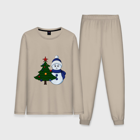 Мужская пижама хлопок (с лонгсливом) с принтом Снеговик и новогодняя елка в Курске,  |  | 