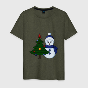 Мужская футболка хлопок с принтом Снеговик и новогодняя елка в Тюмени, 100% хлопок | прямой крой, круглый вырез горловины, длина до линии бедер, слегка спущенное плечо. | 