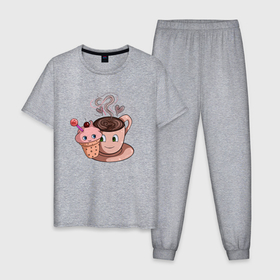 Мужская пижама хлопок с принтом Кексик и кружка кофе в Курске, 100% хлопок | брюки и футболка прямого кроя, без карманов, на брюках мягкая резинка на поясе и по низу штанин
 | 