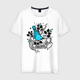 Мужская футболка хлопок с принтом Птица и ягоды   follow me в Новосибирске, 100% хлопок | прямой крой, круглый вырез горловины, длина до линии бедер, слегка спущенное плечо. | Тематика изображения на принте: 