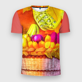 Мужская футболка 3D Slim с принтом Спелые фрукты и овощи в плетеной корзине в Санкт-Петербурге, 100% полиэстер с улучшенными характеристиками | приталенный силуэт, круглая горловина, широкие плечи, сужается к линии бедра | 