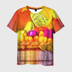 Мужская футболка 3D с принтом Спелые фрукты и овощи в плетеной корзине в Петрозаводске, 100% полиэфир | прямой крой, круглый вырез горловины, длина до линии бедер | 