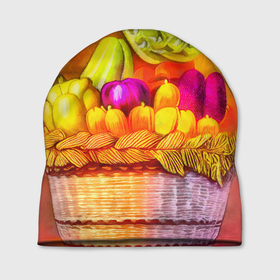 Шапка 3D с принтом Спелые фрукты и овощи в плетеной корзине в Курске, 100% полиэстер | универсальный размер, печать по всей поверхности изделия | 