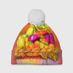 Шапка 3D c помпоном с принтом Спелые фрукты и овощи в плетеной корзине в Новосибирске, 100% полиэстер | универсальный размер, печать по всей поверхности изделия | 