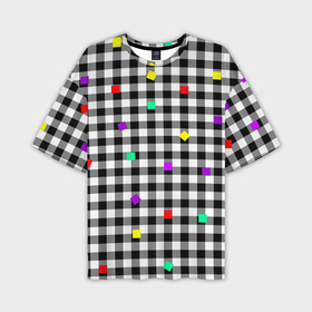 Мужская футболка OVERSIZE 3D с принтом Черно белая клетка с цветными квадратами в Санкт-Петербурге,  |  | Тематика изображения на принте: 
