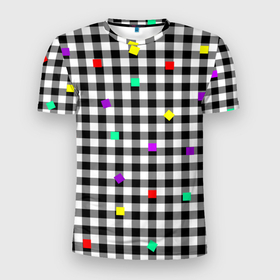 Мужская футболка 3D Slim с принтом Черно белая клетка с цветными квадратами , 100% полиэстер с улучшенными характеристиками | приталенный силуэт, круглая горловина, широкие плечи, сужается к линии бедра | 