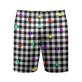 Мужские шорты спортивные с принтом Черно белая клетка с цветными квадратами ,  |  | Тематика изображения на принте: 
