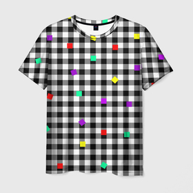 Мужская футболка 3D с принтом Черно белая клетка с цветными квадратами в Белгороде, 100% полиэфир | прямой крой, круглый вырез горловины, длина до линии бедер | 