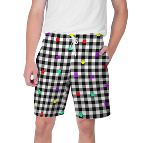 Мужские шорты 3D с принтом Черно белая клетка с цветными квадратами ,  полиэстер 100% | прямой крой, два кармана без застежек по бокам. Мягкая трикотажная резинка на поясе, внутри которой широкие завязки. Длина чуть выше колен | 