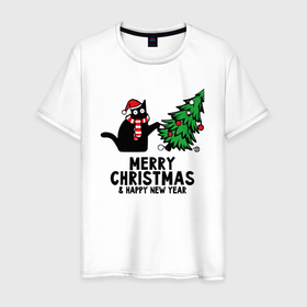 Мужская футболка хлопок с принтом Кот роняет новогоднюю ёлку в Белгороде, 100% хлопок | прямой крой, круглый вырез горловины, длина до линии бедер, слегка спущенное плечо. | 