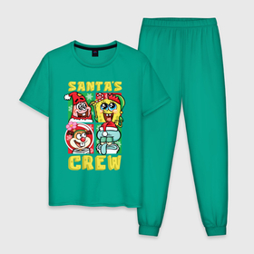 Мужская пижама хлопок с принтом Губка Боб команда Санты в Белгороде, 100% хлопок | брюки и футболка прямого кроя, без карманов, на брюках мягкая резинка на поясе и по низу штанин
 | 