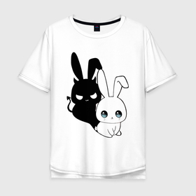 Мужская футболка хлопок Oversize с принтом Милый кролик   ангелочек или дьяволёнок в Екатеринбурге, 100% хлопок | свободный крой, круглый ворот, “спинка” длиннее передней части | Тематика изображения на принте: 