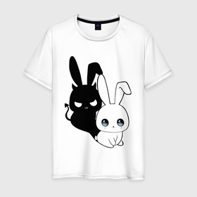 Мужская футболка хлопок с принтом Милый кролик   ангелочек или дьяволёнок в Тюмени, 100% хлопок | прямой крой, круглый вырез горловины, длина до линии бедер, слегка спущенное плечо. | 