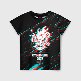 Детская футболка 3D с принтом Cyberpunk 2077 в стиле glitch и баги графики на темном фоне в Белгороде, 100% гипоаллергенный полиэфир | прямой крой, круглый вырез горловины, длина до линии бедер, чуть спущенное плечо, ткань немного тянется | 