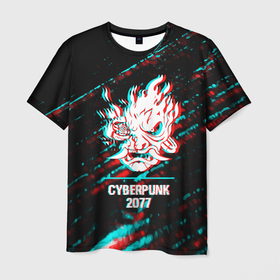 Мужская футболка 3D с принтом Cyberpunk 2077 в стиле glitch и баги графики на темном фоне , 100% полиэфир | прямой крой, круглый вырез горловины, длина до линии бедер | Тематика изображения на принте: 