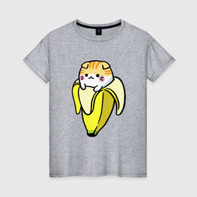 Женская футболка хлопок с принтом Милый котик сидит в банановой кожуре в Тюмени, 100% хлопок | прямой крой, круглый вырез горловины, длина до линии бедер, слегка спущенное плечо | Тематика изображения на принте: 