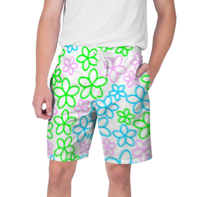Мужские шорты 3D с принтом Цветочные узоры   паттерн в Тюмени,  полиэстер 100% | прямой крой, два кармана без застежек по бокам. Мягкая трикотажная резинка на поясе, внутри которой широкие завязки. Длина чуть выше колен | 