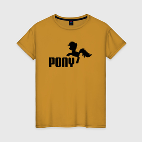 Женская футболка хлопок с принтом Пони вместо пумы в Петрозаводске, 100% хлопок | прямой крой, круглый вырез горловины, длина до линии бедер, слегка спущенное плечо | 