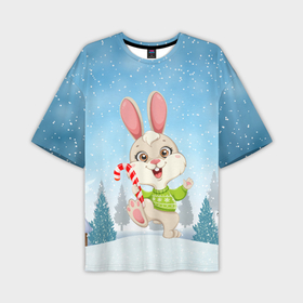 Мужская футболка OVERSIZE 3D с принтом Новогодний зайка  с леденцом в Кировске,  |  | 