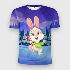 Мужская футболка 3D Slim с принтом Новогодний зайчик в лесу в Белгороде, 100% полиэстер с улучшенными характеристиками | приталенный силуэт, круглая горловина, широкие плечи, сужается к линии бедра | Тематика изображения на принте: 