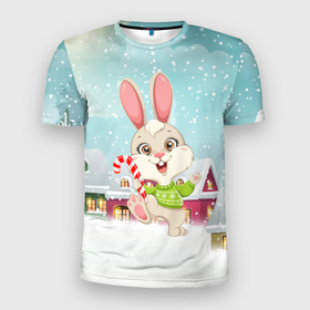 Мужская футболка 3D Slim с принтом Новогодний радостный зайчик в Белгороде, 100% полиэстер с улучшенными характеристиками | приталенный силуэт, круглая горловина, широкие плечи, сужается к линии бедра | Тематика изображения на принте: 